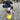 Small black and white dog in harness standing on a stone path with a yellow hedgehog dog toy at its feet