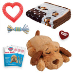 Snuggle Puppy dog toy with blue blanket, two chew toys, heartbeat and three heat packs