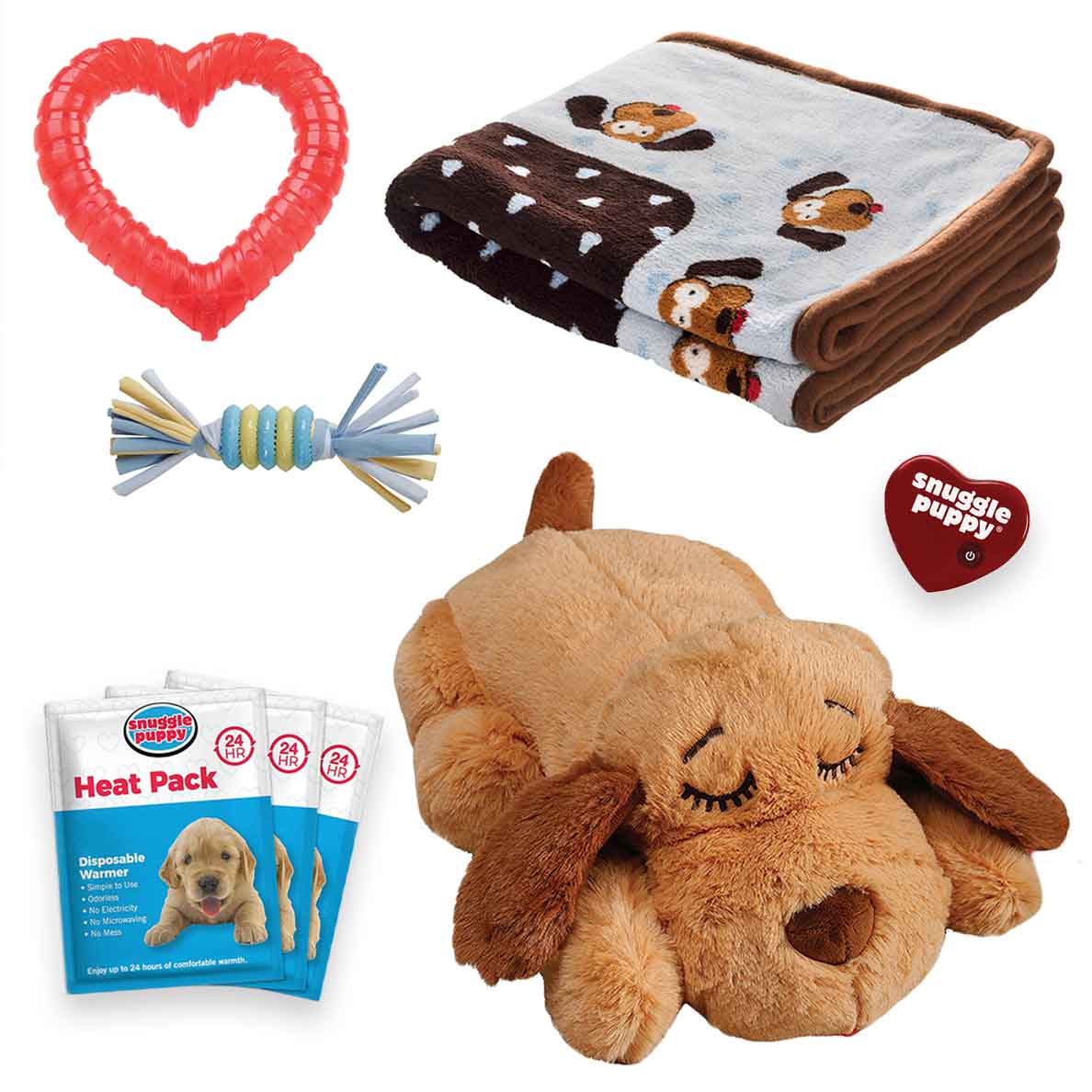 Snuggle Puppy dog toy with blue blanket, two chew toys, heartbeat and three heat packs