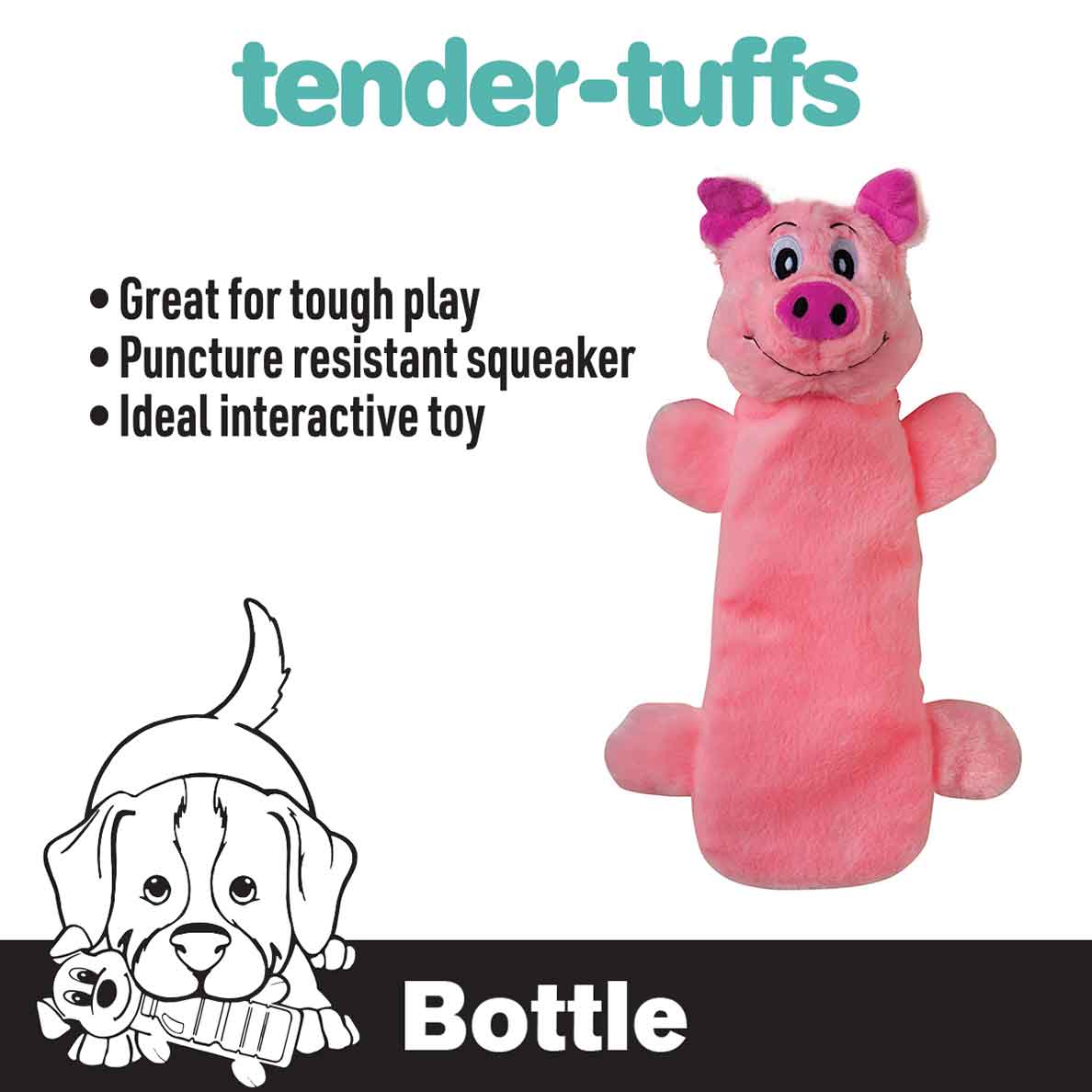 Tender-Tuffs pink pig bottle dog toy with puncture resistant squeaker
