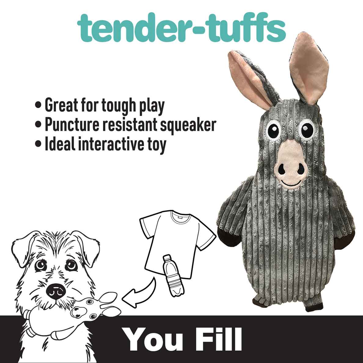 TenderTuffs Donkey YouFill Squeaky Water Bottle Dog Toy Snuggle Puppy