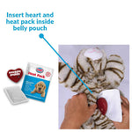 Visual guide for inserting heat pack and heartbeat into Snuggle Kitty anxiety relief for pets