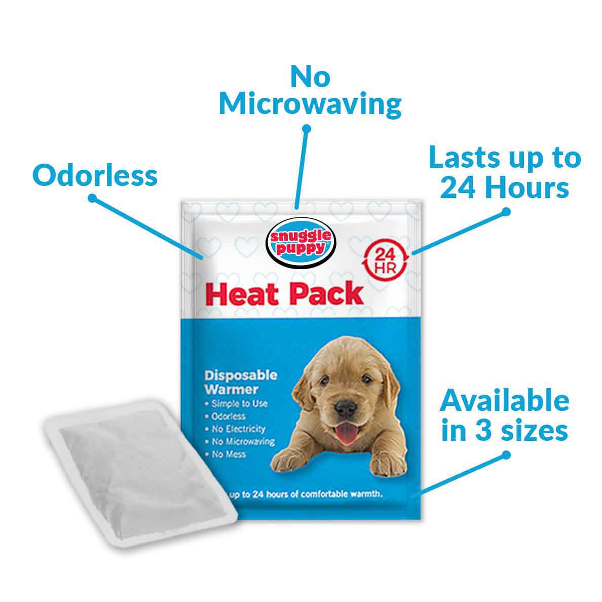 Snuggle Puppy disposable heat pack that lasts up to 24 hours hours and is odorless