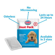 Snuggle Puppy heat pack that lasts up to 24 hours, is odorless, and is sold separately in 3 different quantities