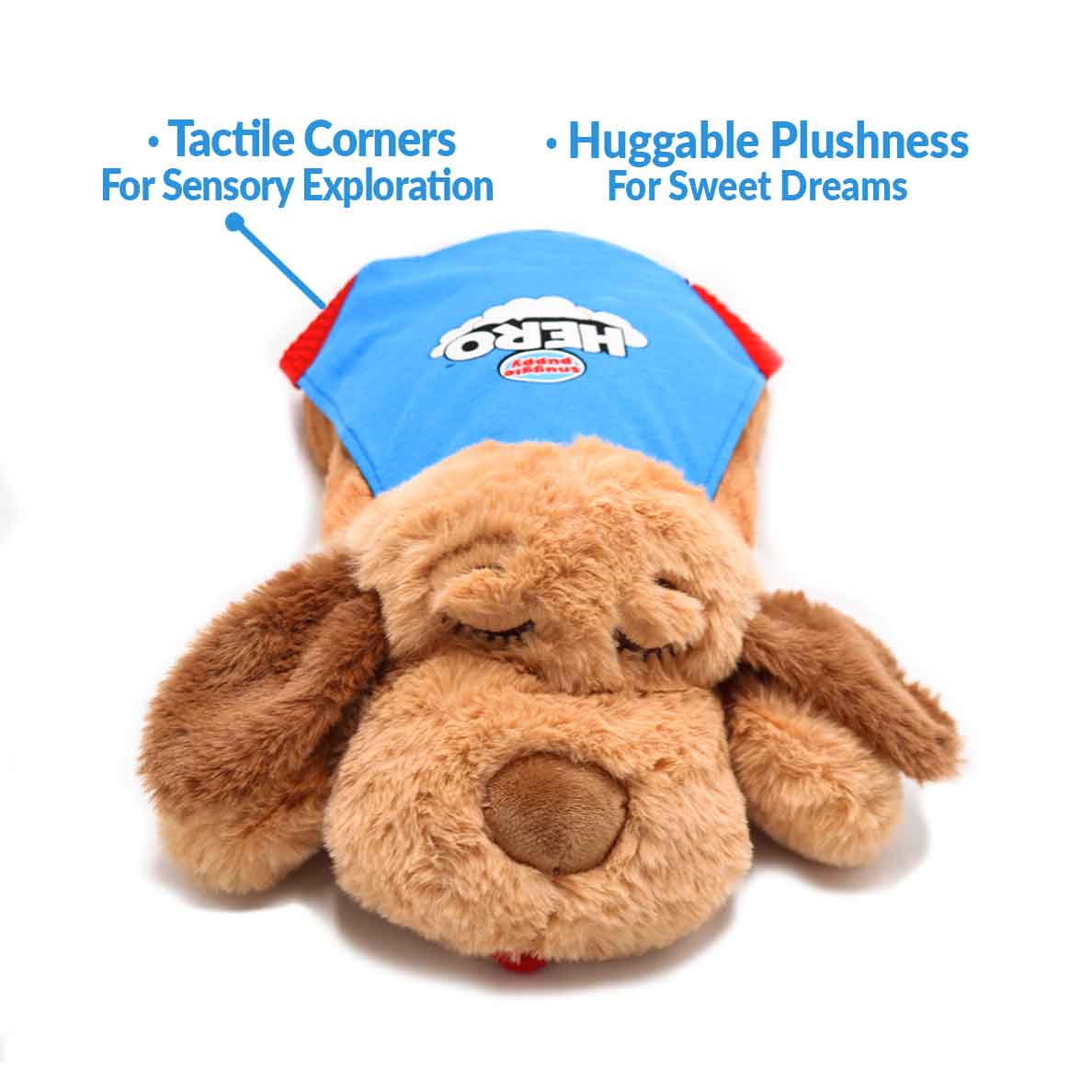 Snuggle Puppy Hero with tactile corners for sensory exploration and huggable plushness