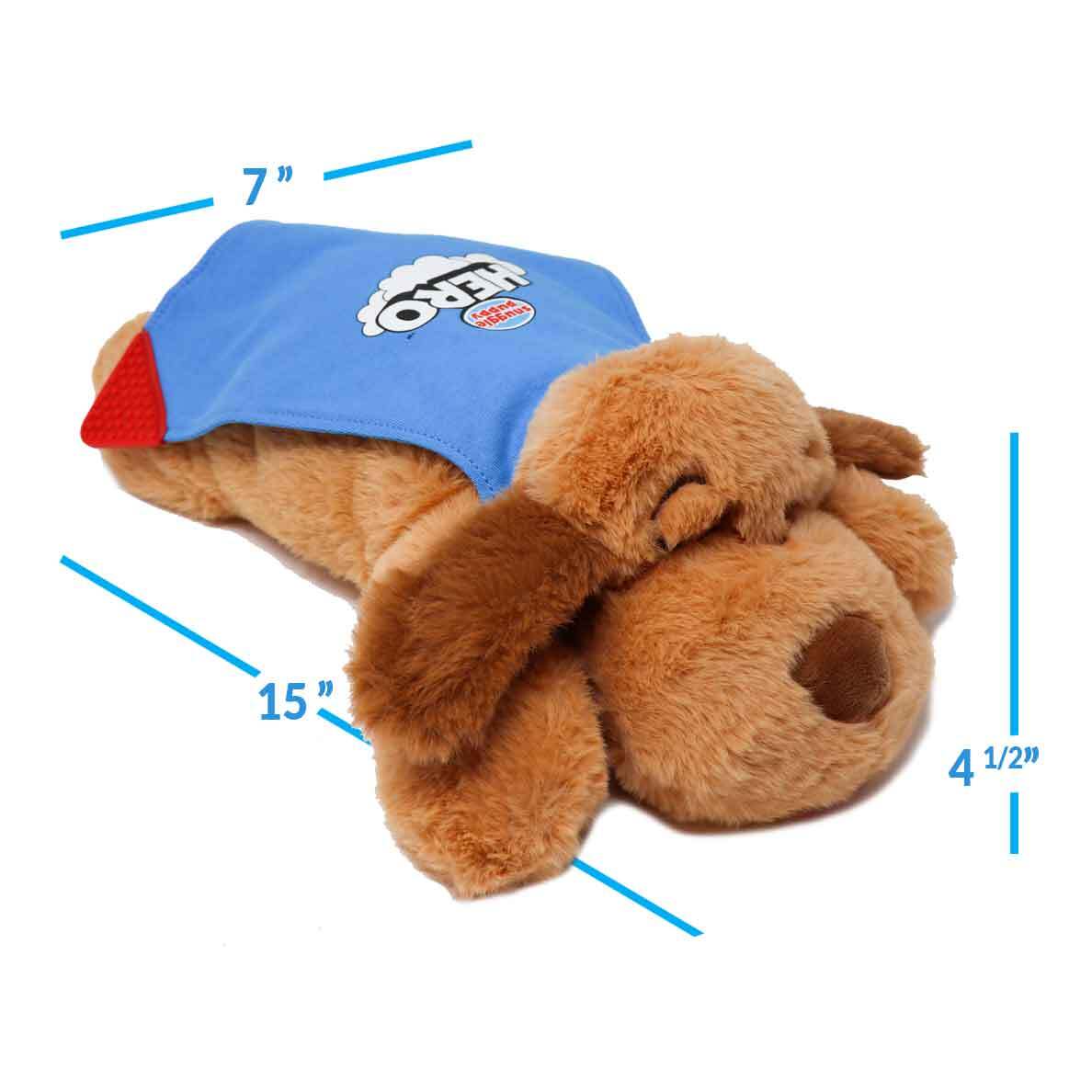 Dimensions of 7 inches wide, 15 inches long, and 4.5 inches tall for a Snuggle Puppy Hero