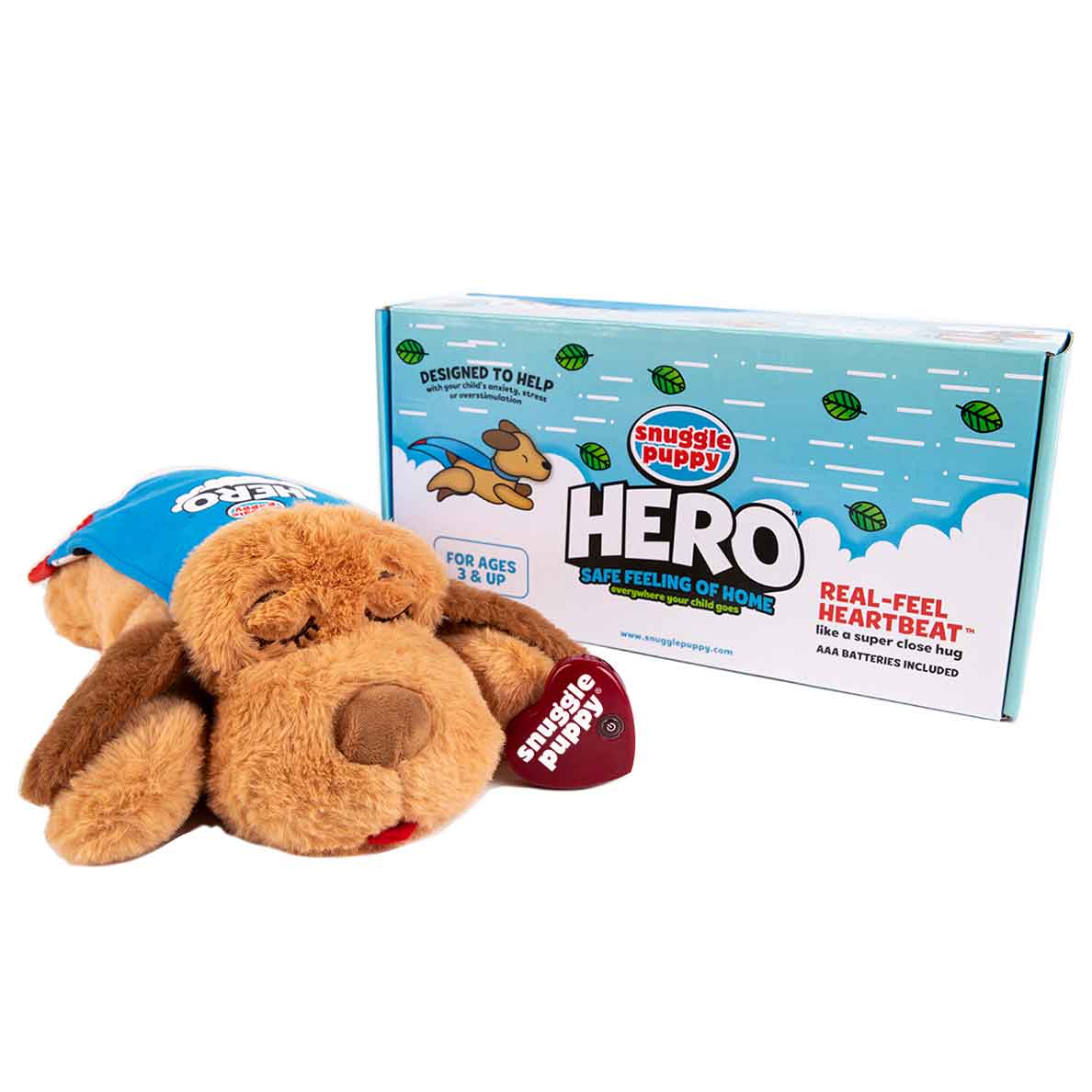 Snuggle Puppy Hero heartbeat plush toy for anxiety in front of product box