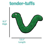 Dimensions of 8.5 inches high and 13.5 inches long for Tender-Tuffs green snake boomerang-shaped dog toy