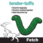 Tender-Tuffs green snake boomerang fetch toy with puncture resistant squeakers