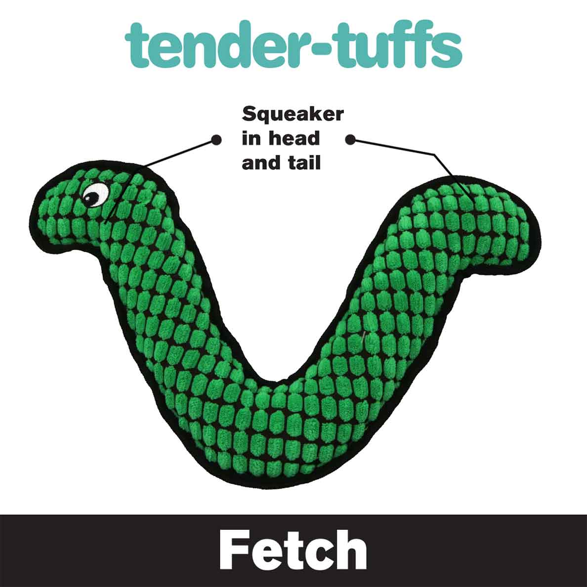 Tender-Tuffs green snake boomerang-shaped fetch toy with squeaker in head and tail