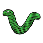 Green snake dog toy with textured fabric and reinforced edges in the shape of a boomerang