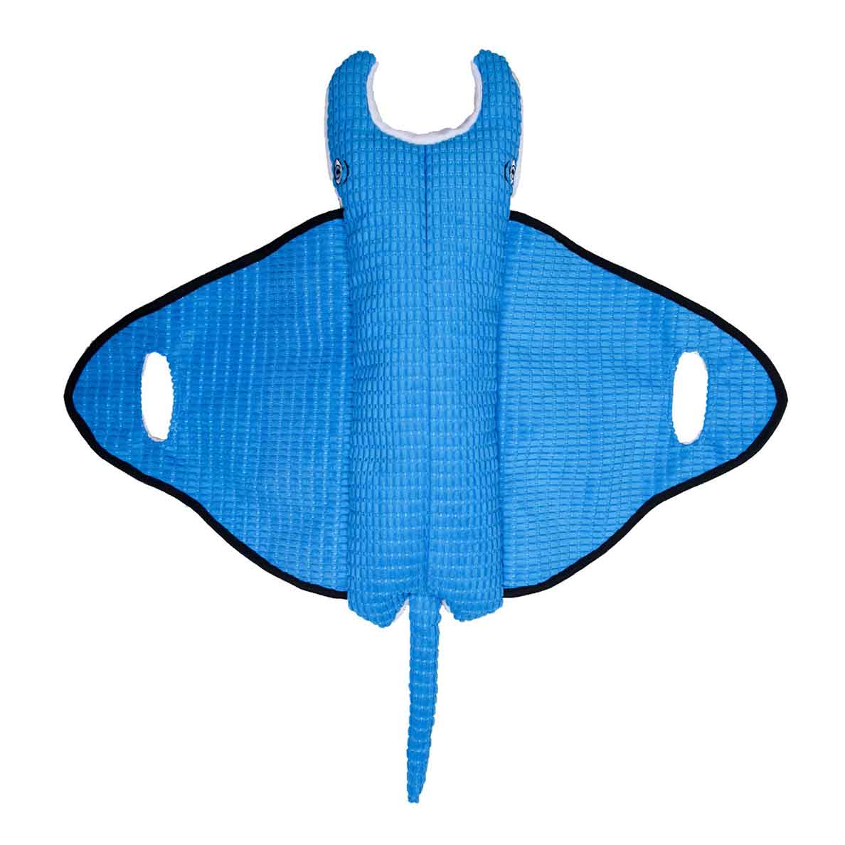 Blue stingray dog toy with textured fabric and handles in the wings