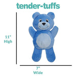Dimensions of 11 inches high by 7 inches wide for Tender-Tuffs blue bear soft dog toy