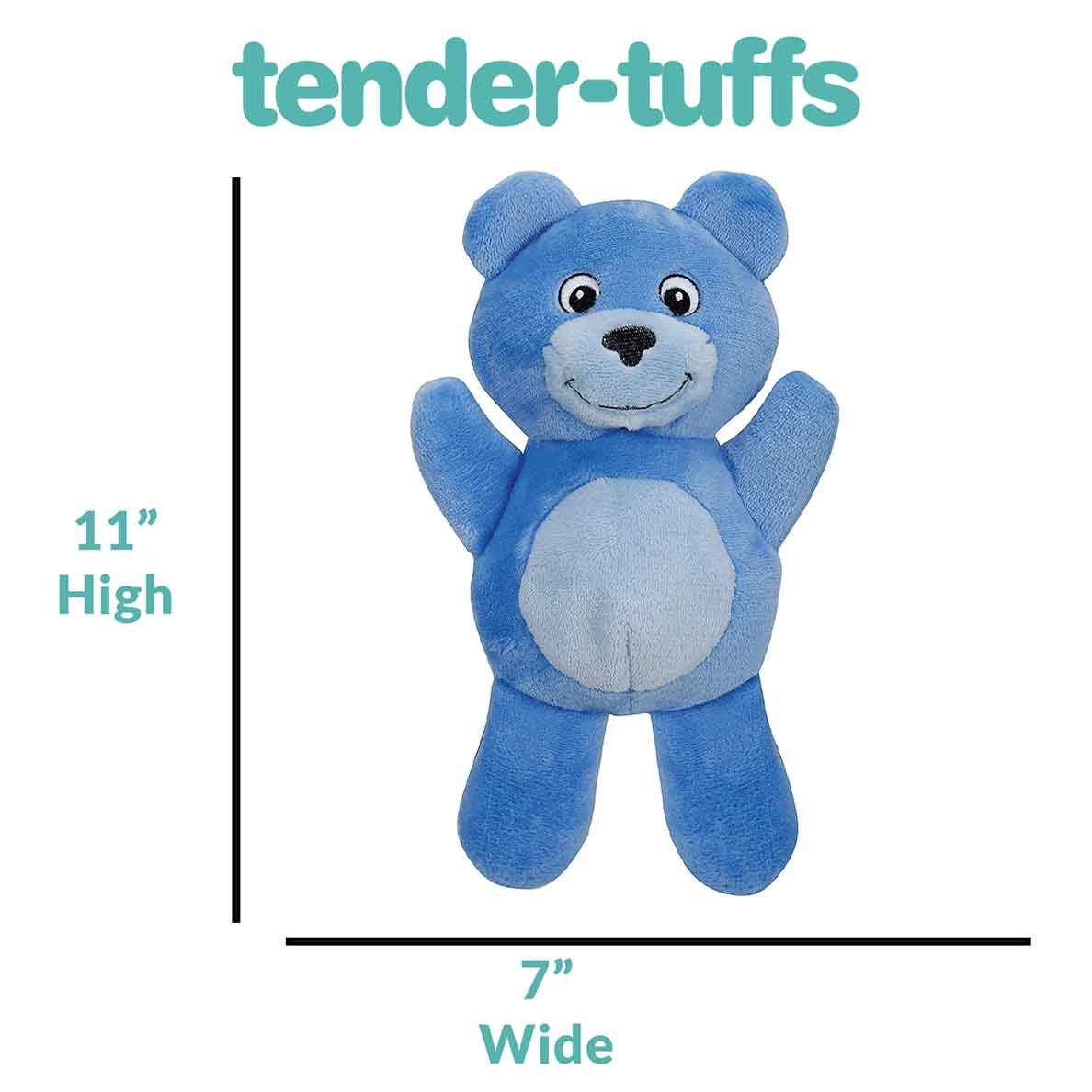 Dimensions of 11 inches high by 7 inches wide for Tender-Tuffs blue bear soft dog toy