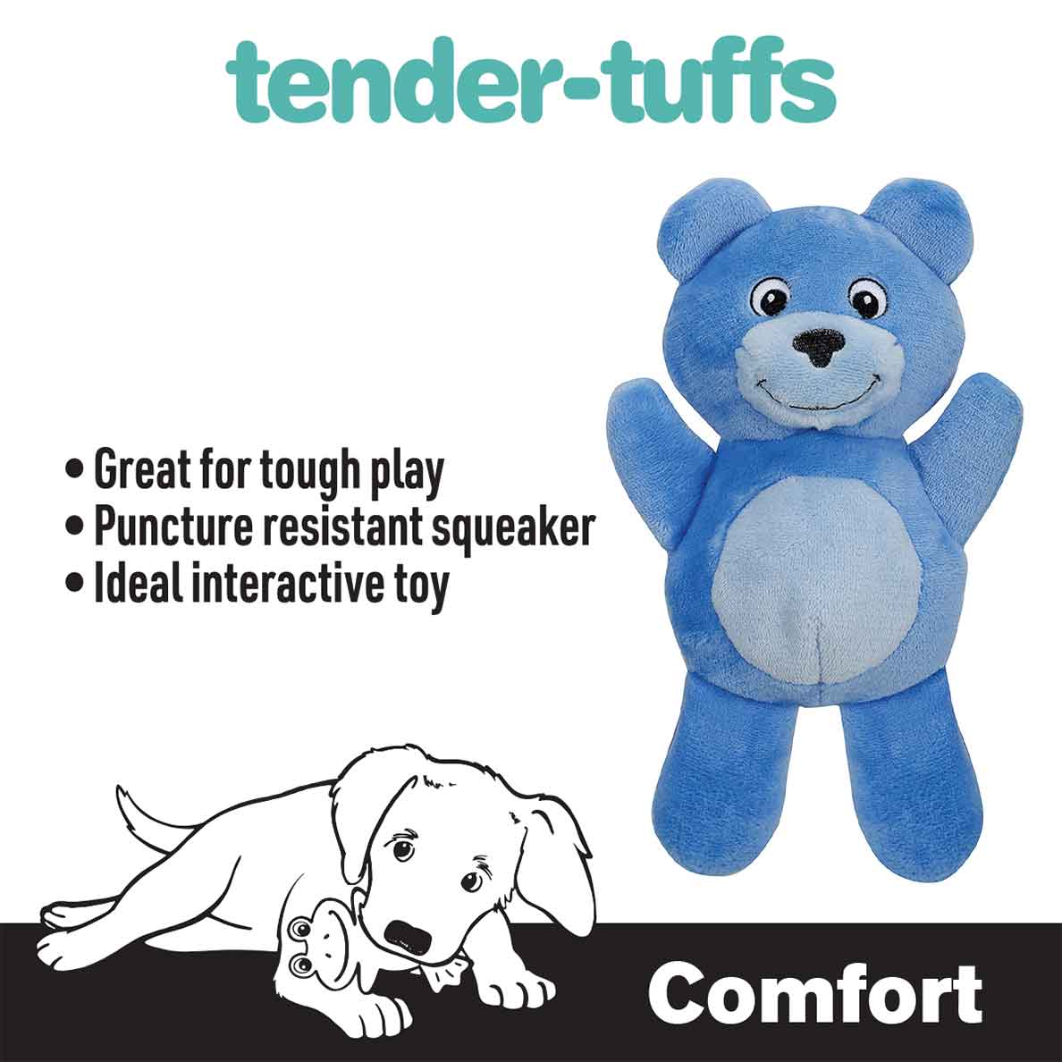 Tender-Tuffs blue bear small and soft dog toy with puncture resistant squeaker that is great for tough play