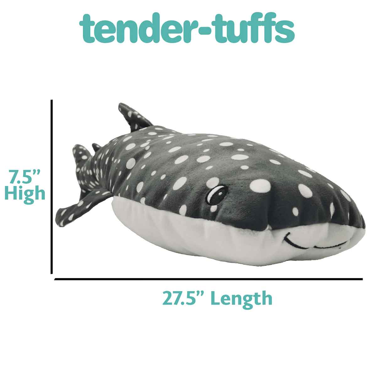 Dimensions of 7.5 inches high and 27.5 inches long for extra large whale shark Tender-Tuffs dog toy