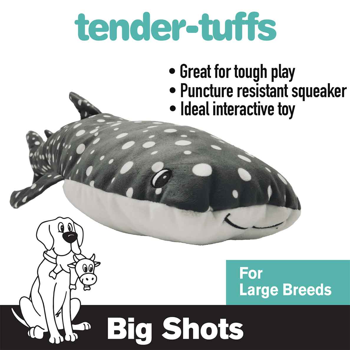 Extra large whale shark Tender-Tuffs dog toy with puncture resistant squaker