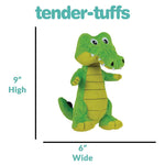 Dimensions of 9 inches high by 6 inches wide for Tender-Tuffs standing crocodile dog toy
