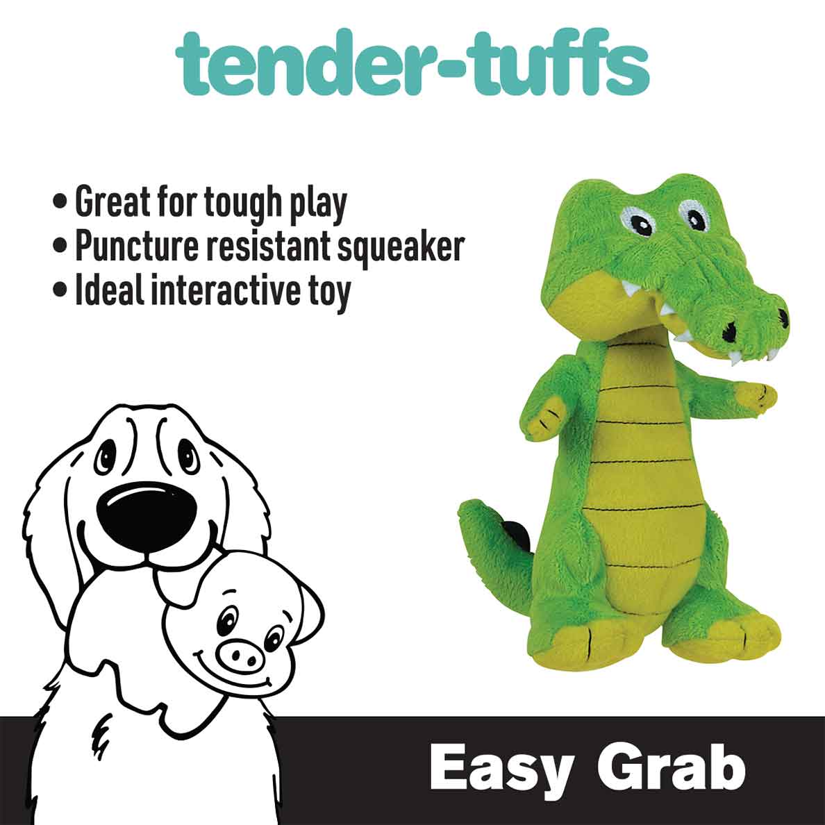 Tender-Tuffs green and yellow standing crocodile easy grab plush dog toy with puncture resistant squeaker