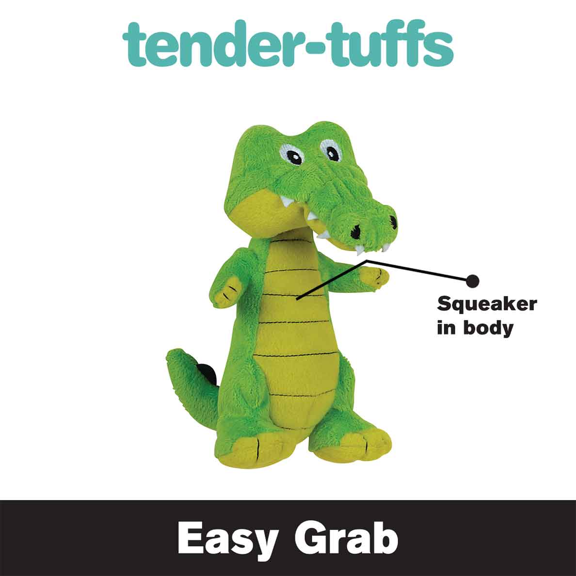 Tender-Tuffs green and yellow standing crocodile easy grab plush dog toy with squeaker in body