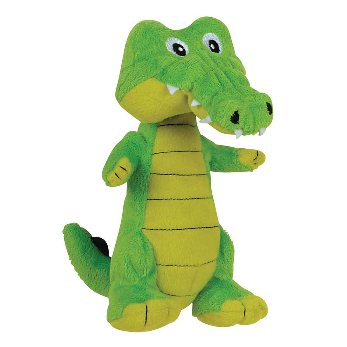 Green and yellow standing crocodile plush dog toy
