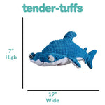 Dimensions of 7 inches high and 19 inches wide for Tender-Tuffs blue hammerhead shark plush dog toy