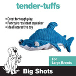 Tender-Tuffs blue hammerhead shark plush dog toy with puncture resistant squeaker for large breeds