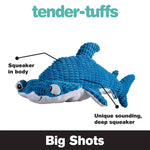 Tender-Tuffs blue hammerhead shark plush dog toy with unique sounding, deep squeaker in body