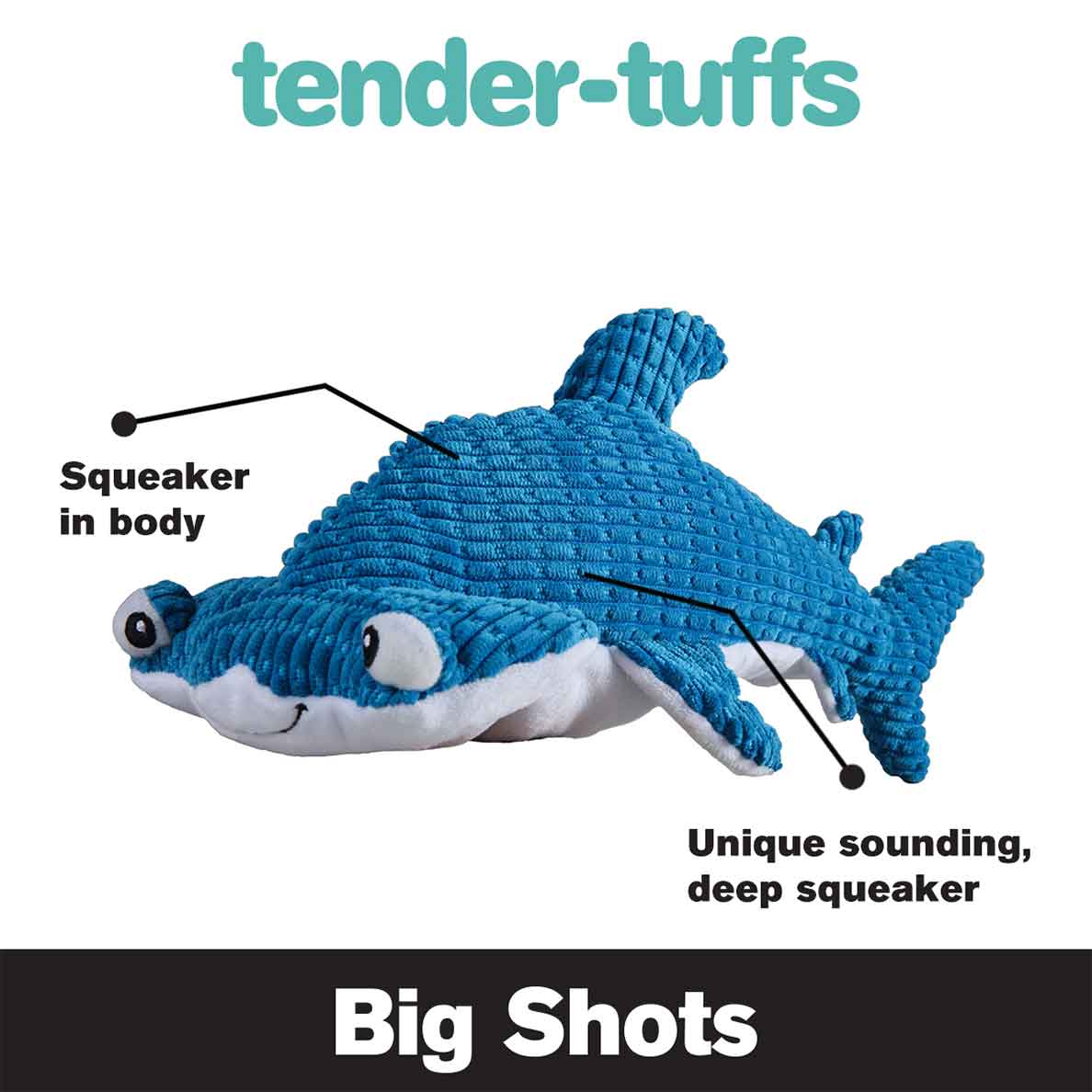 Tender-Tuffs blue hammerhead shark plush dog toy with unique sounding, deep squeaker in body