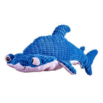 Blue hammerhead shark plush dog toy with textured fabric