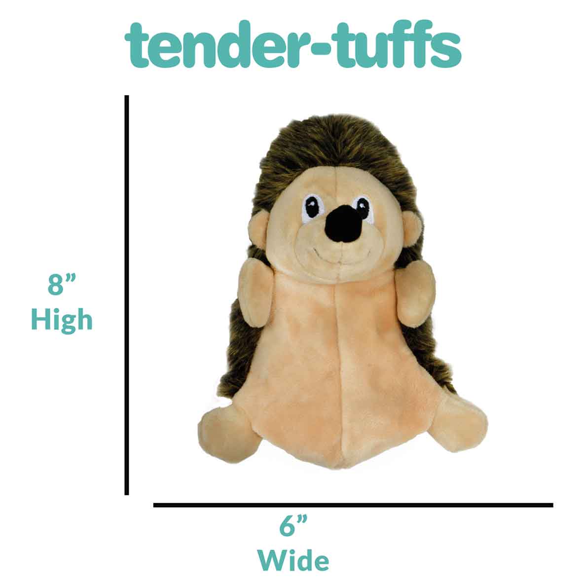 Dimensions of 8 inches high and 6 inches wide for large hedgehog Tender-Tuffs dog toy