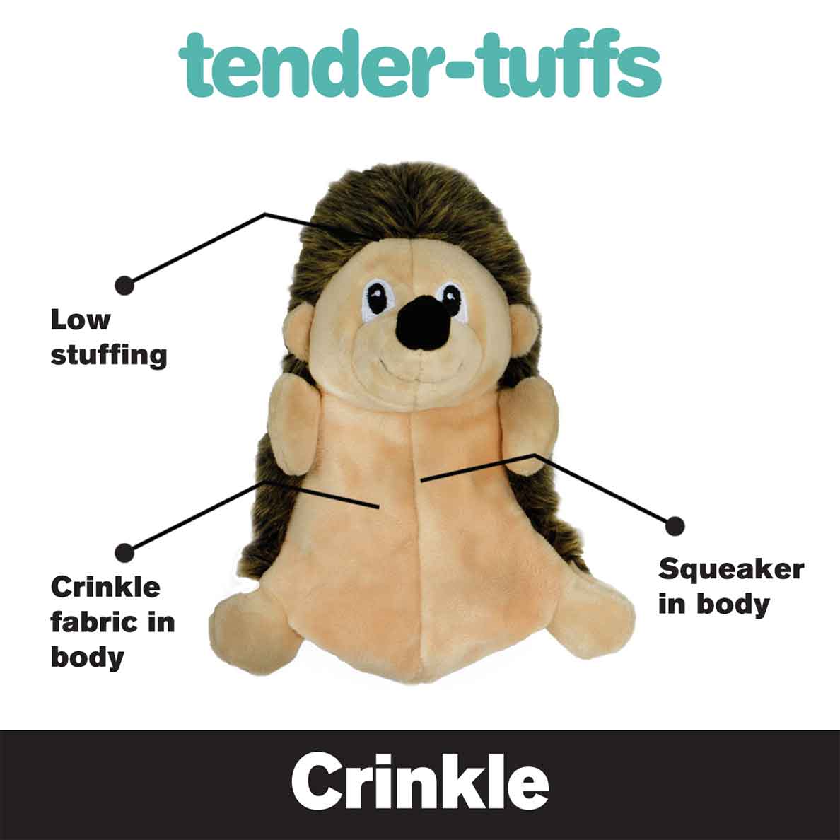 Tender-Tuffs low stuffing hedgehog dog toy with crankle fabric and squeaker in the body