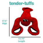 Dimensions of 17.5 inches high and 11.75 inches long for Tender-Tuffs red lobster dog toy