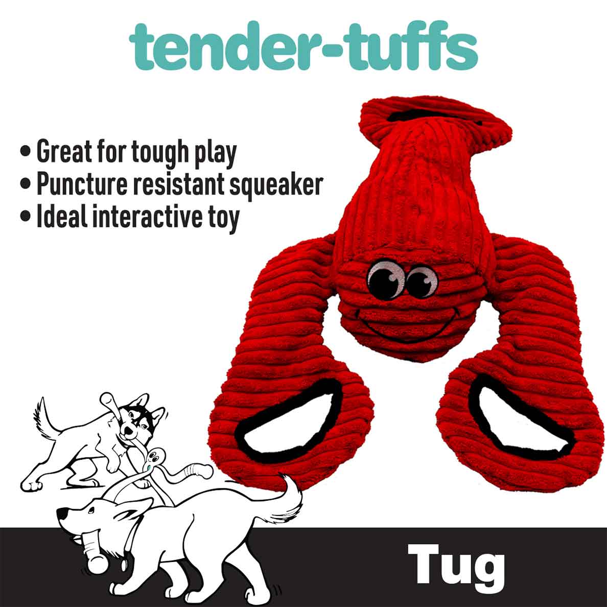Red Tender-Tuffs lobster dog toy that's great for tough play and tug of war