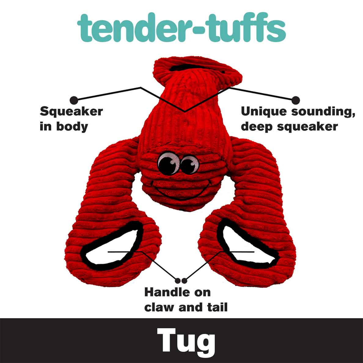 Tender-Tuffs Red Lobster dog toy with handles on claws and tail and squeaker in body