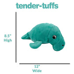 Dimensions of 8.5 inches high and 12 inches wide for Tender-Tuffs teal manatee dog toy