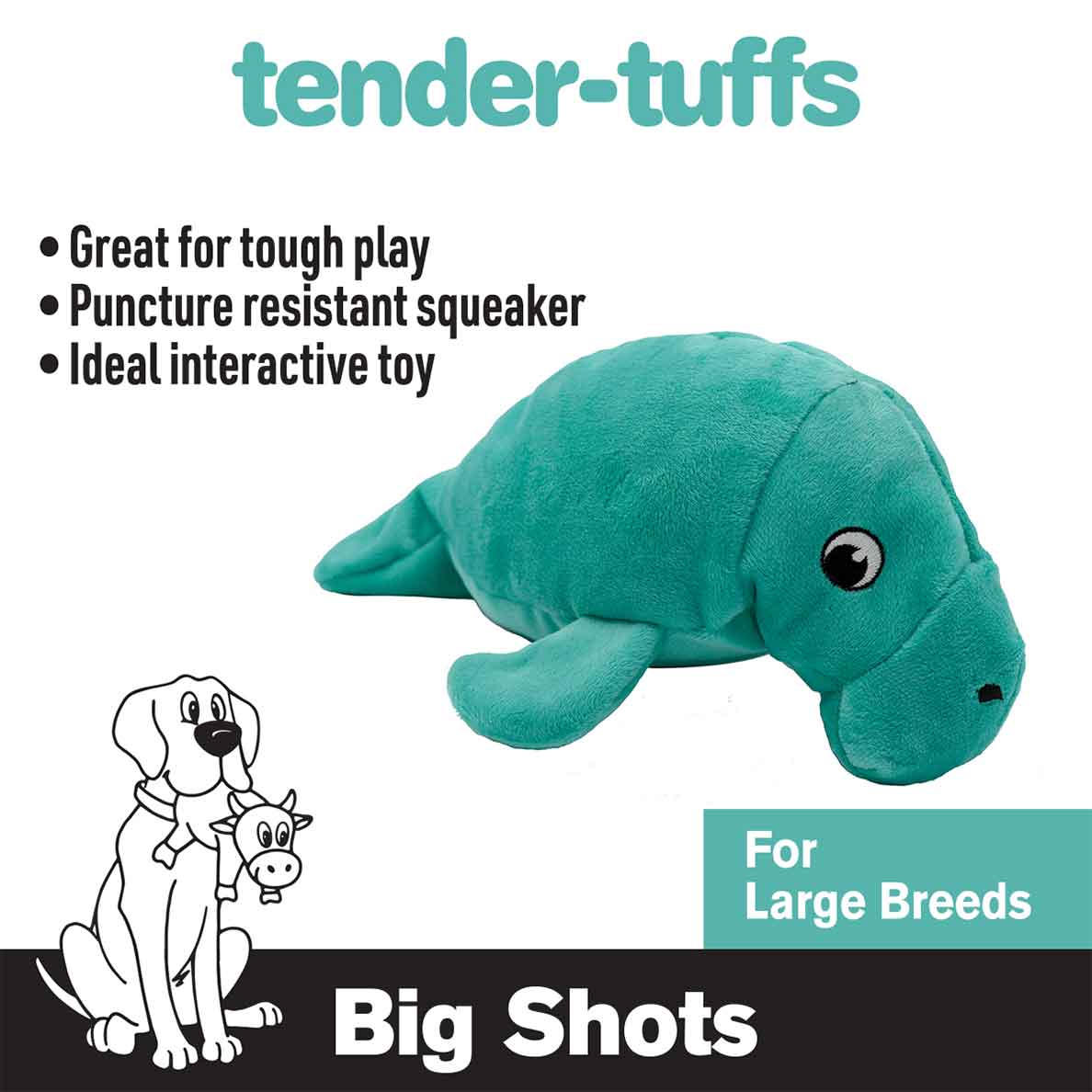 Tender-Tuffs teal manatee dog toy that is great for tough play