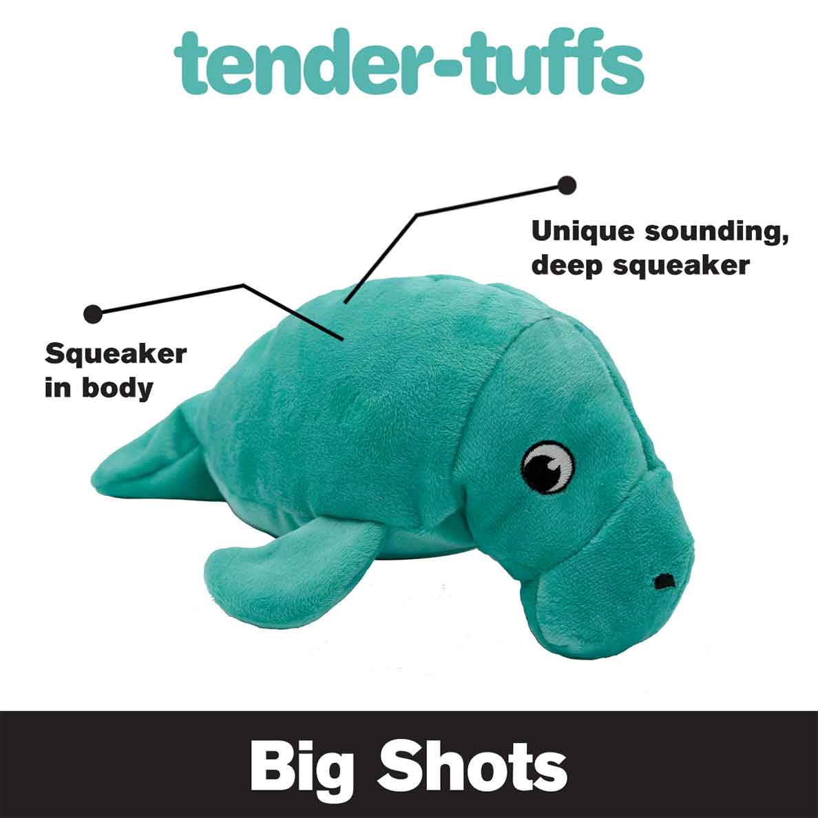 Tender-Tuffs teal manatee dog toy with unique sounding squeaker in body