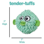 Dimensions of 7 inches high by 7" wide on Tender-Tuffs teal pufferfish dog ball toy