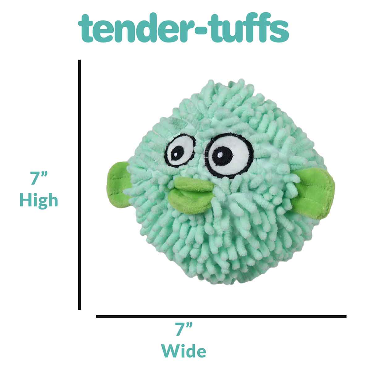 Dimensions of 7 inches high by 7" wide on Tender-Tuffs teal pufferfish dog ball toy