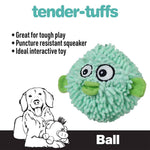 Tender-Tuffs teal colored moppy pufferfish dog ball toy that is great for tough play