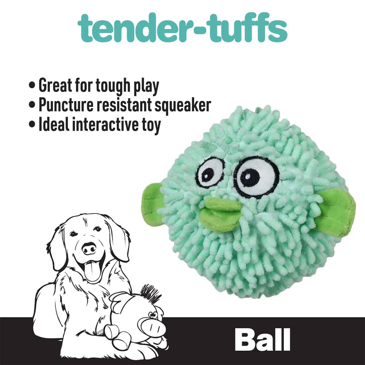 Tender-Tuffs teal colored moppy pufferfish dog ball toy that is great for tough play