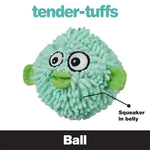 Tender-Tuffs teal colored pufferfish dog ball toy with squeaker in belly