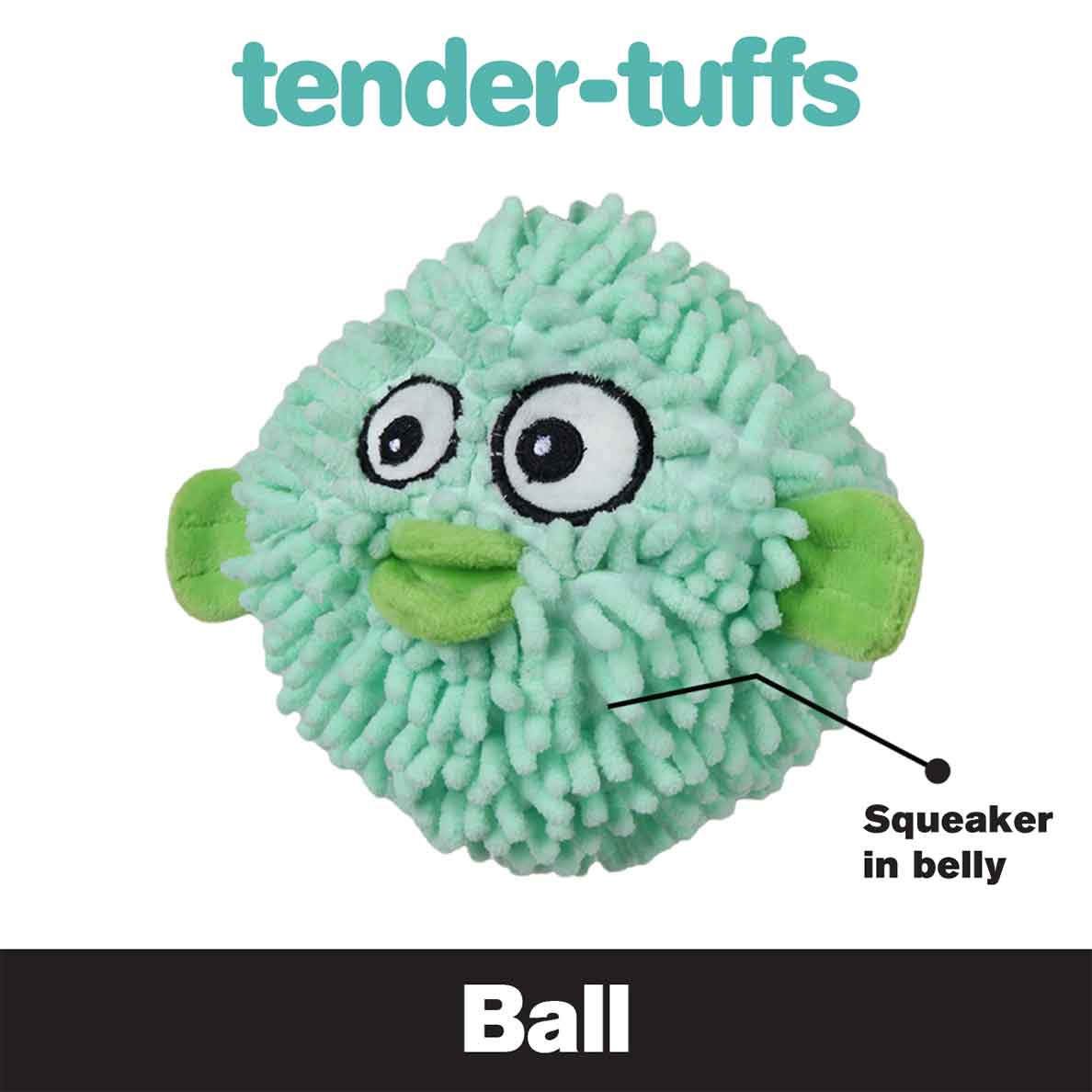 Tender-Tuffs teal colored pufferfish dog ball toy with squeaker in belly