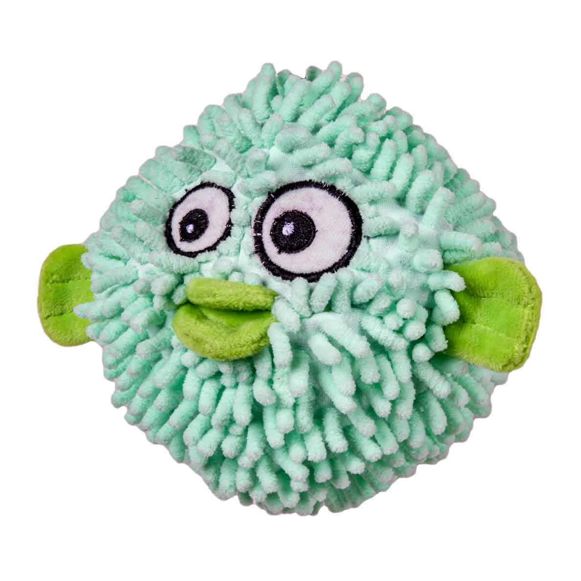 Teal colored moppy pufferfish dog toy with eyes, green lips and green ears