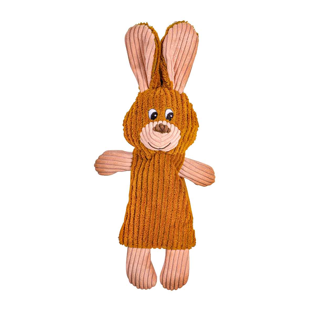 Brown and tan low stuffing rabbit dog toy with textured fabric