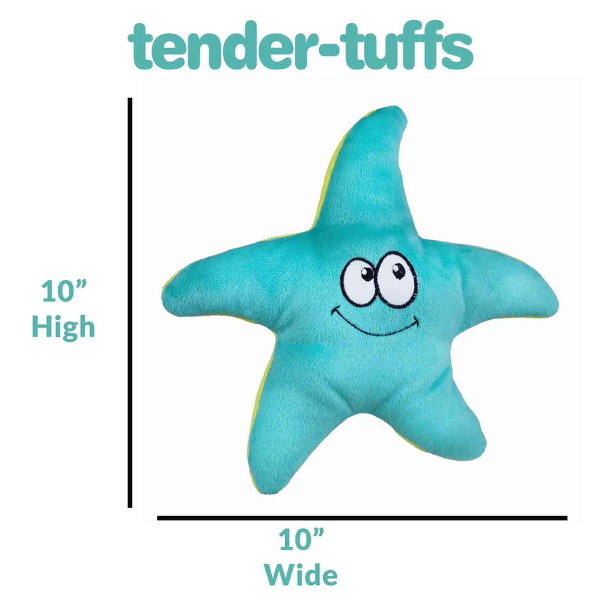 Dimensions of 10 inches high and 10 inches wide for Tender-Tuffs teal and yellow starfish