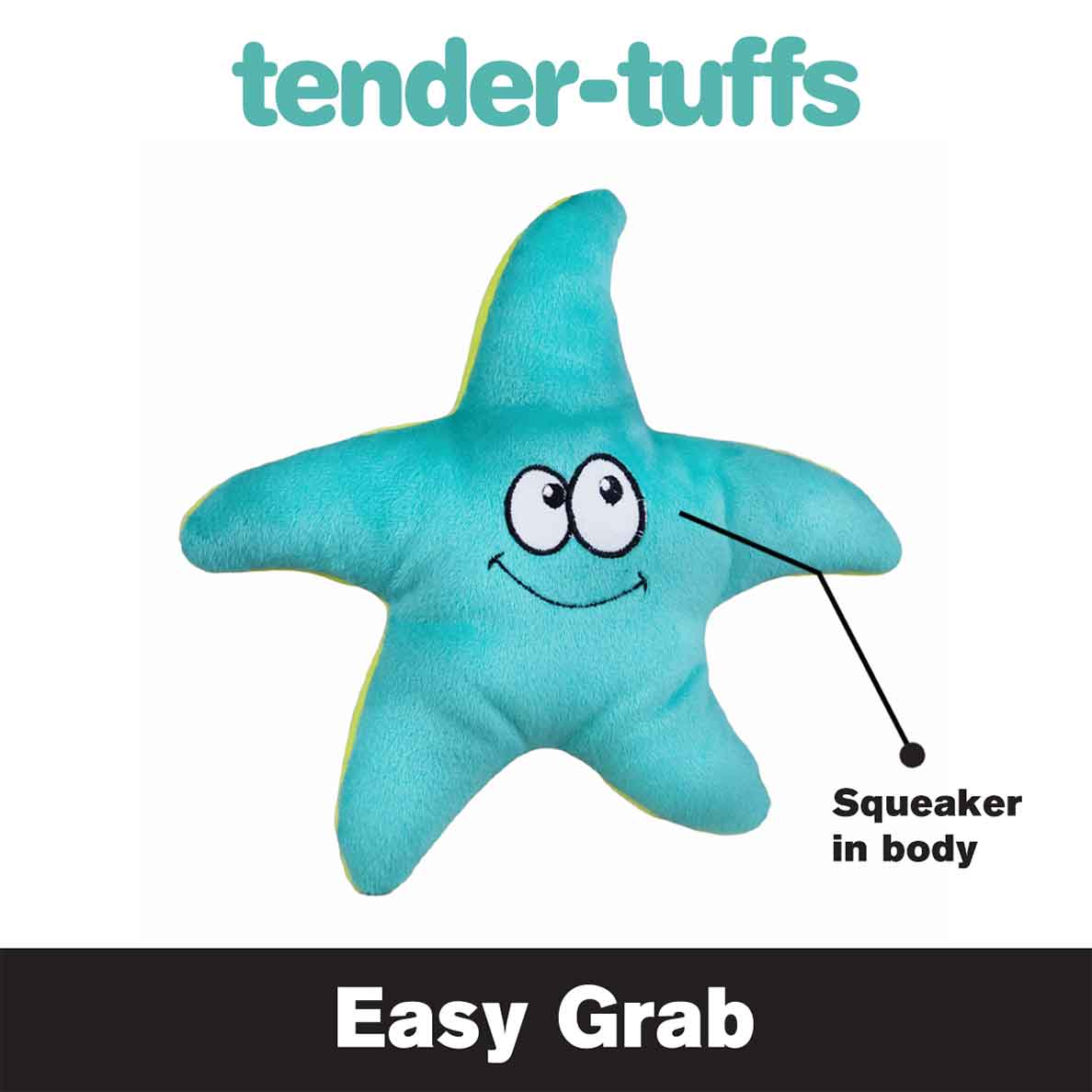 Tender-Tuffs teal and yellow starfish easy grab plush dog toy with squeaker in body
