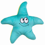 Teal and yellow starfish plush dog toy with smiley face in the center