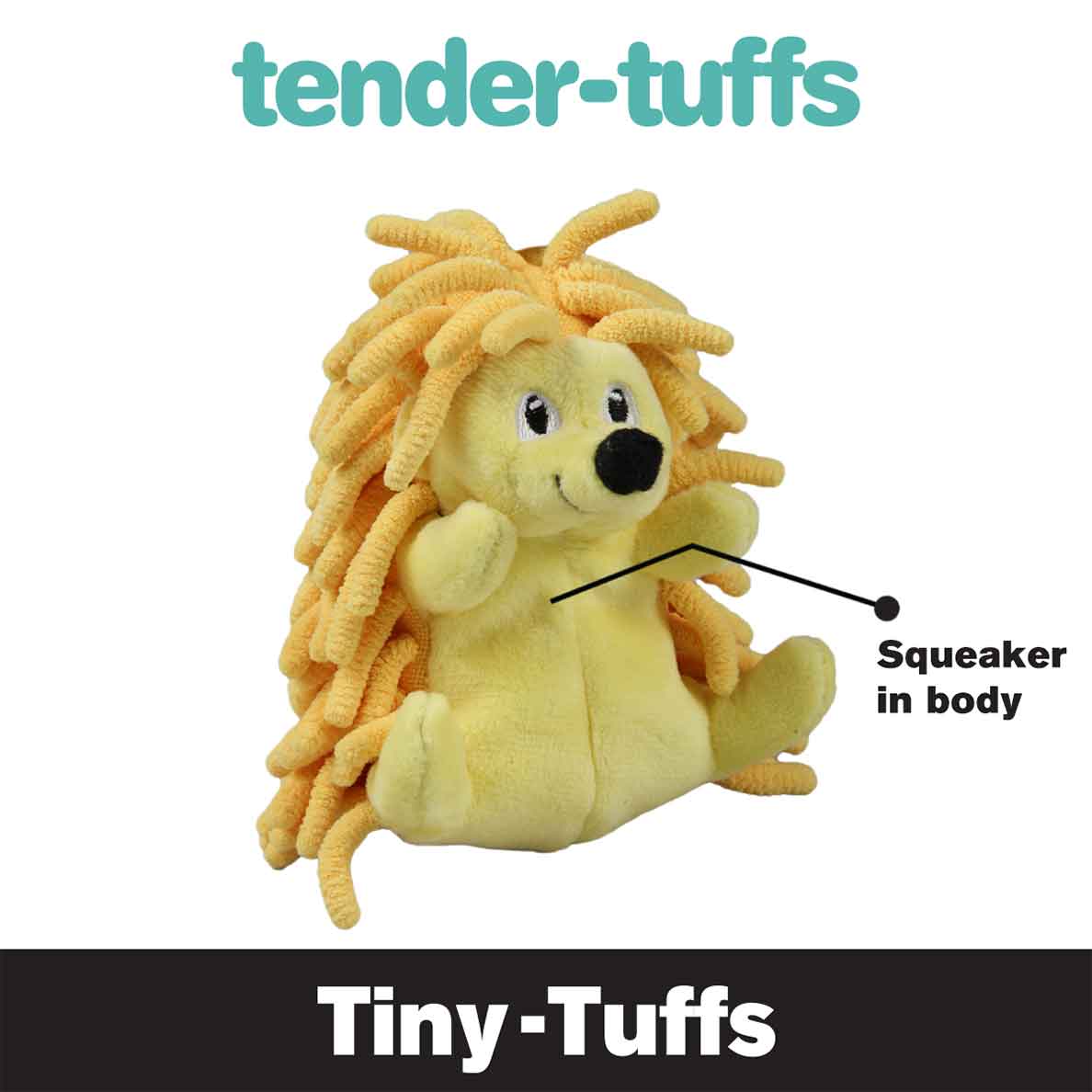 Tender-Tuffs Tiny-Tuff yellow hedgehog dog toy with squeaker in body